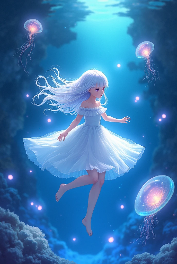(Best Quality, Masterpiece: 1.1), (Realistic: 1.4), Beautiful naked schoolgirl is riding on the purple squid, god ray, teen, silver short hair, blue eyes, full body, from below, hourglass body shape, flying over the park, crystallineAI, fractal art, splash