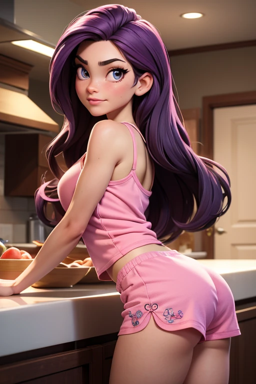 Masterpiece, raw, beautiful art, professional artist, 8k, very detailed face, very detailed hair, 1girl, Vanessa Doofenshmirtz, wearing tight satin pajama shorts and tight pajama halter top, leaning her sexy ass against kitchen counter, perfectly drawn body, beautiful face, long hair, very detailed eyes, biting her lip suggestively, rosey cheeks, intricate details in eyes, looking straight at viewer , in love with viewer expression, puckered lips