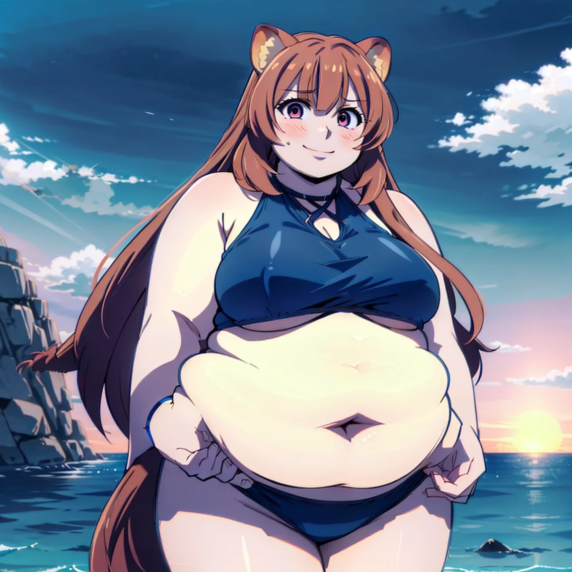 4K, detailed eyes,fat face, big cheeks, chubby Raphtalia, raccoon tail in back, perfect hands, blue bikini, thick thighs, fat arms, cute girl, smile, blue neon, retrowave background, sunset