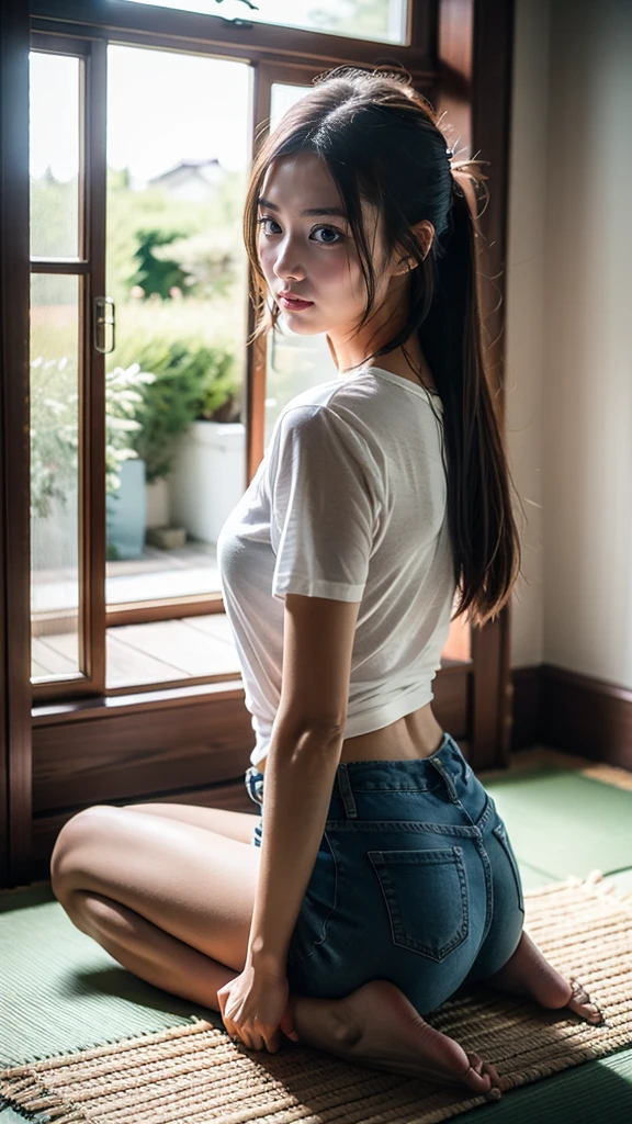 Create a realistic UHD 8K image of a young woman sitting on a bed in a dimly lit room. She is wearing a white tank top with black straps and grey drawstring shorts. Her hair is tied up in a messy bun, and she has a contemplative expression as she looks down. The room has a calm and intimate ambiance, with soft lighting highlighting her profile against a dark background, possibly showing the faint outline of city lights through a window. The setting should evoke a quiet, reflective mood.