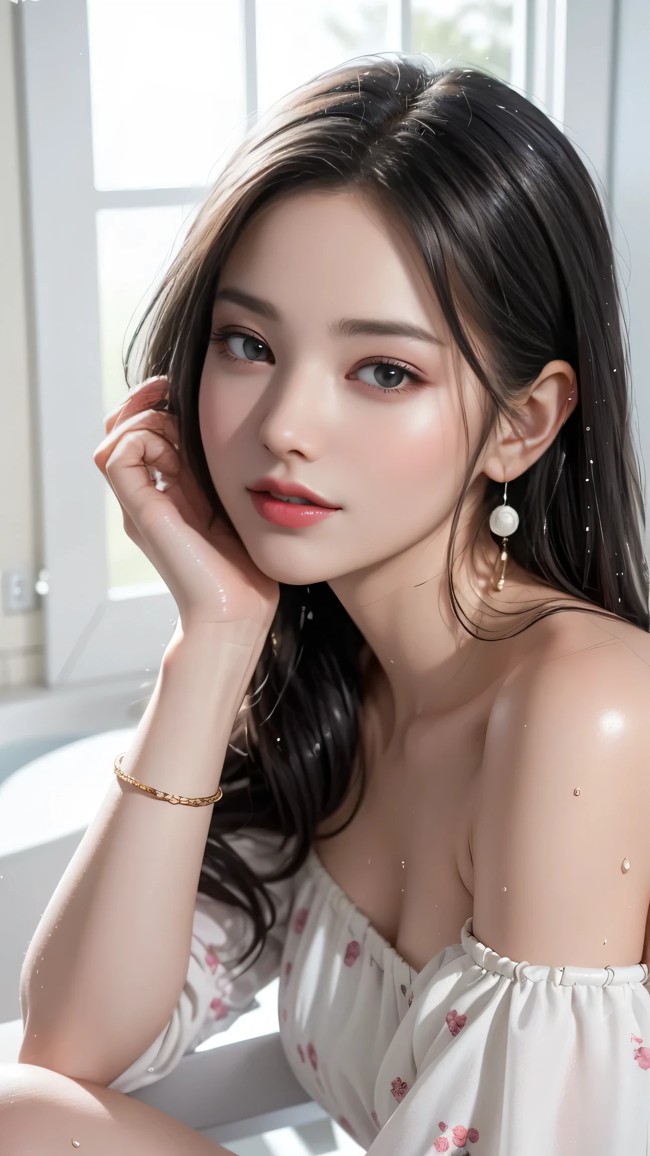 Nikon Z 85mm, ((best quality)) ((masterpiece)), intricate details, sharp focus, professional, photorealistic, real life, ultra realistic, photorealism,SILHOUETTE light,finely detail,best quality,extremely detailed CG unity 8k wallpaper,perfect artwork,upper body, shiny hair, glowing eyes, lustrous skin, realistic, perfect female figure, narrow waist, looking at viewer,lace,seductive posture, sexy pose, an extremely delicate and beautiful,best quality, beautiful detailed girl, beautiful detailed eyes,light on face,cinematic lighting,see-through,White pajamas, transparent material, revealing buttocks,a realistic representation of the face,  (intricate details, makeup, (detailed beautiful delicate face, detailed beautiful delicate eyes, a face of perfect proportion, high detailed skin, detailed skin, best ratio four finger and one thumb, arms under breast, medium large breasts, smooth midriff, skiny and thin,fashion, solo ,(young), face highlight, upper body, detailed face, white skin, silver hair, ponytail, braid hair,big eyes, silk robe, (hollow pattern, silk), earrings, slim body, luxury room, professional lighting, tear robe,1 girl,Coiling hair