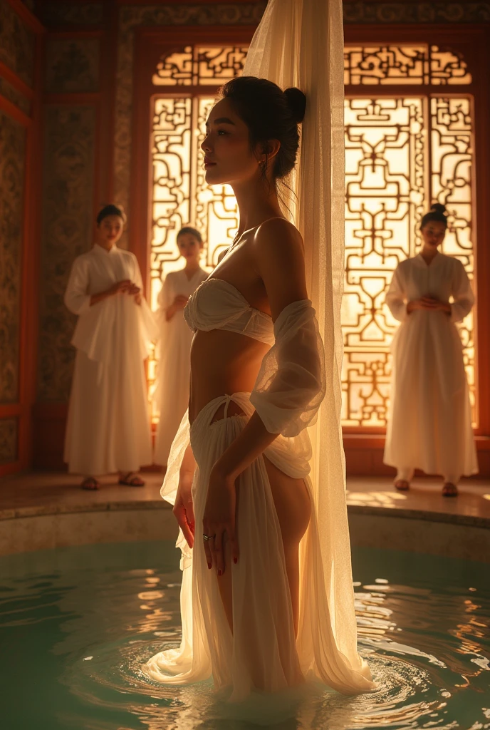 a woman in ancient Chinese Tang Dynasty stylebathhouse, naked woman standing in a wooden bathtub, female servants holding robes in the background, intricate detailed ancient Chinese interior, high quality, photorealistic, dramatic lighting, warm color tones, cinematic composition