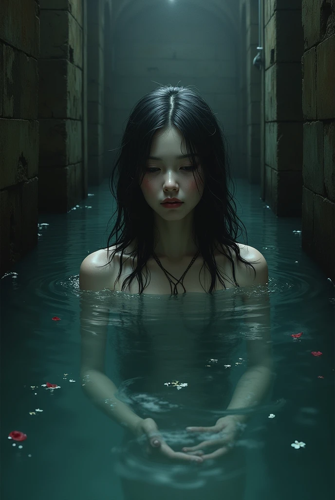 drowned dead girl floating on the surface of a lake, 19 years old, palid skin, black hair, whitish and bulging eyes, angry eyes lookint at camera, bloody puddle, bloody dress, filthy torn dress, filthy water, night time, darkness, fog, mist, creepy, UHD, high details, best quality, highres, 8k