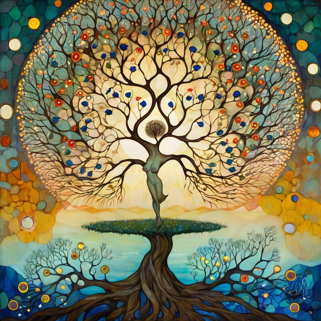 oil and acrylic painting In the style of Andy Kehoe and Tracy Grimwood, Catrin Welz-Stein, Klimt. yggdrasill tree, large roots like blown glass tubes sinking into the ground, stained glass branches rising to the sky, in the center the body of naked woman with light brown hair, waved by the wind . view of a lake with mustard and emerald waters. Dandelion flowers, poppies, swamp flowers, cherry blossoms, peach blossoms bloom. Sun disc-shaped polychrome buds with marbled spirals, sun rays like strands of coral. Warm colors, ochre yellows, browns, cobalt blues .
