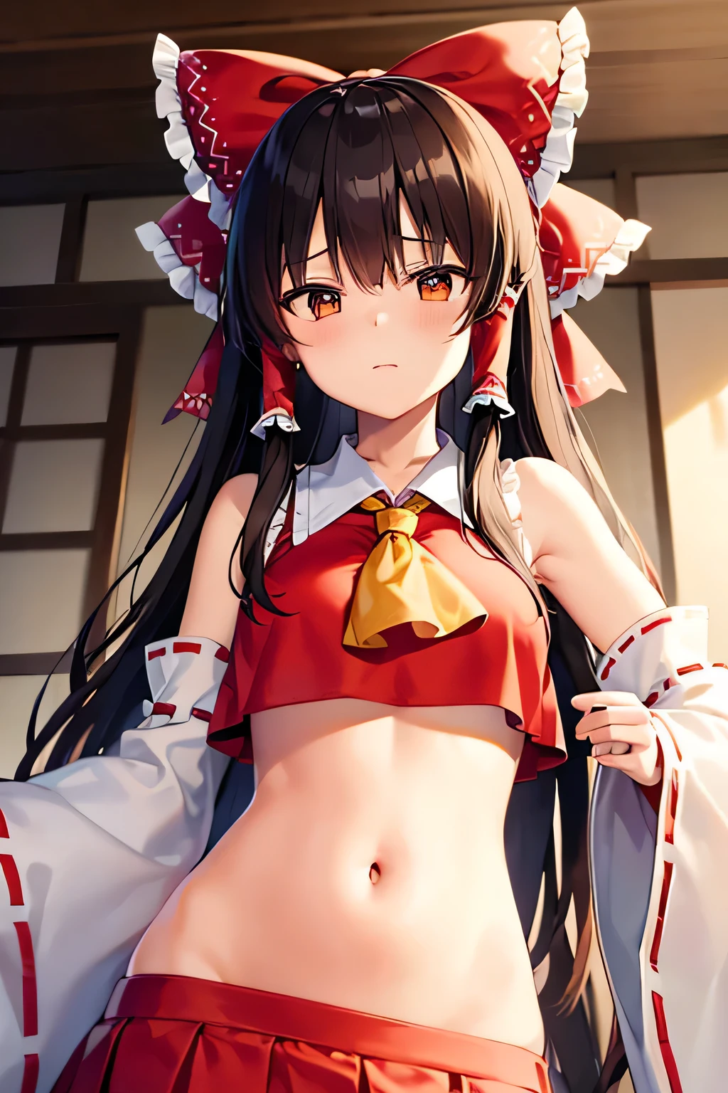 super fine illustration, vibrant colors, masterpiece, sharp focus, best quality, depth of field, cinematic lighting, ultra detailed, blush, annoyed, navel, midriff, belly button, ceiling, shrine maiden, hakurei reimu, 1 woman, medium breasts, hair bow, ascot, hair tubes, miko, detached sleeves, looking down, red shirt, red skirt, long hair, dark brown hair, indoor, low waist