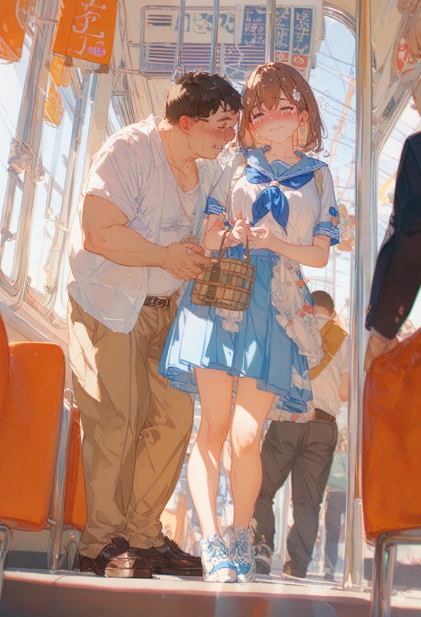 ((crowded train))、((Molester)),((Full body image))、Beautiful sister、((One Girl))、White skin、((Drunk man))、((Sailor suit))、((tits))、Long brown hair、bangs、((Crying face、Girl's tears、Standing girl))、