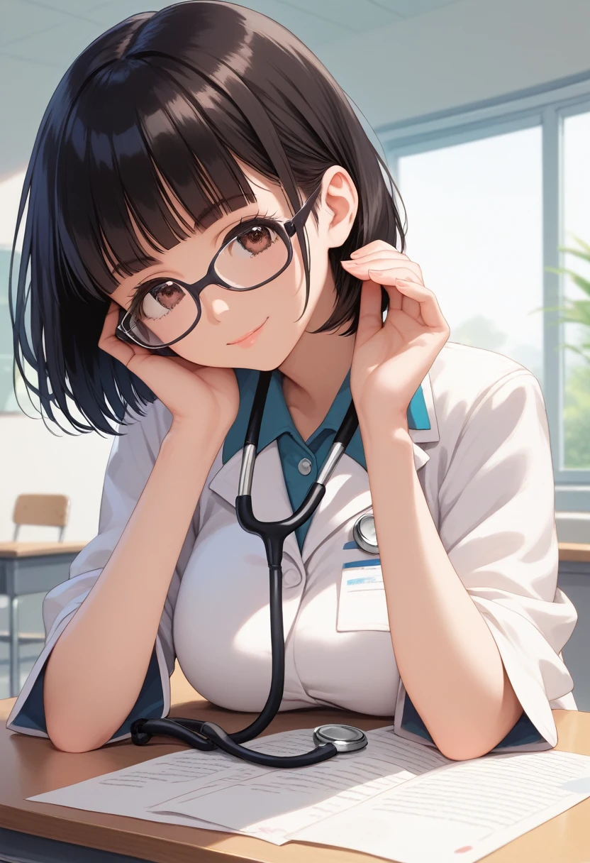 Only one female, Sitting, (From above), (Looking up at the viewer), (White) Stylish clothing, Mature Woman, /(Mid-length hair、Light brown hair、Blonde hair/) Beautiful forehead, A kind smile, (Masterpiece of the highest quality:1.2) Delicate illustrations, super detailed,  pantyhose, /(Wear a stethoscope around your neck/) break (Hospital examination room) indoor, Glasses、Work Desk, (Radiograph), Detailed Background