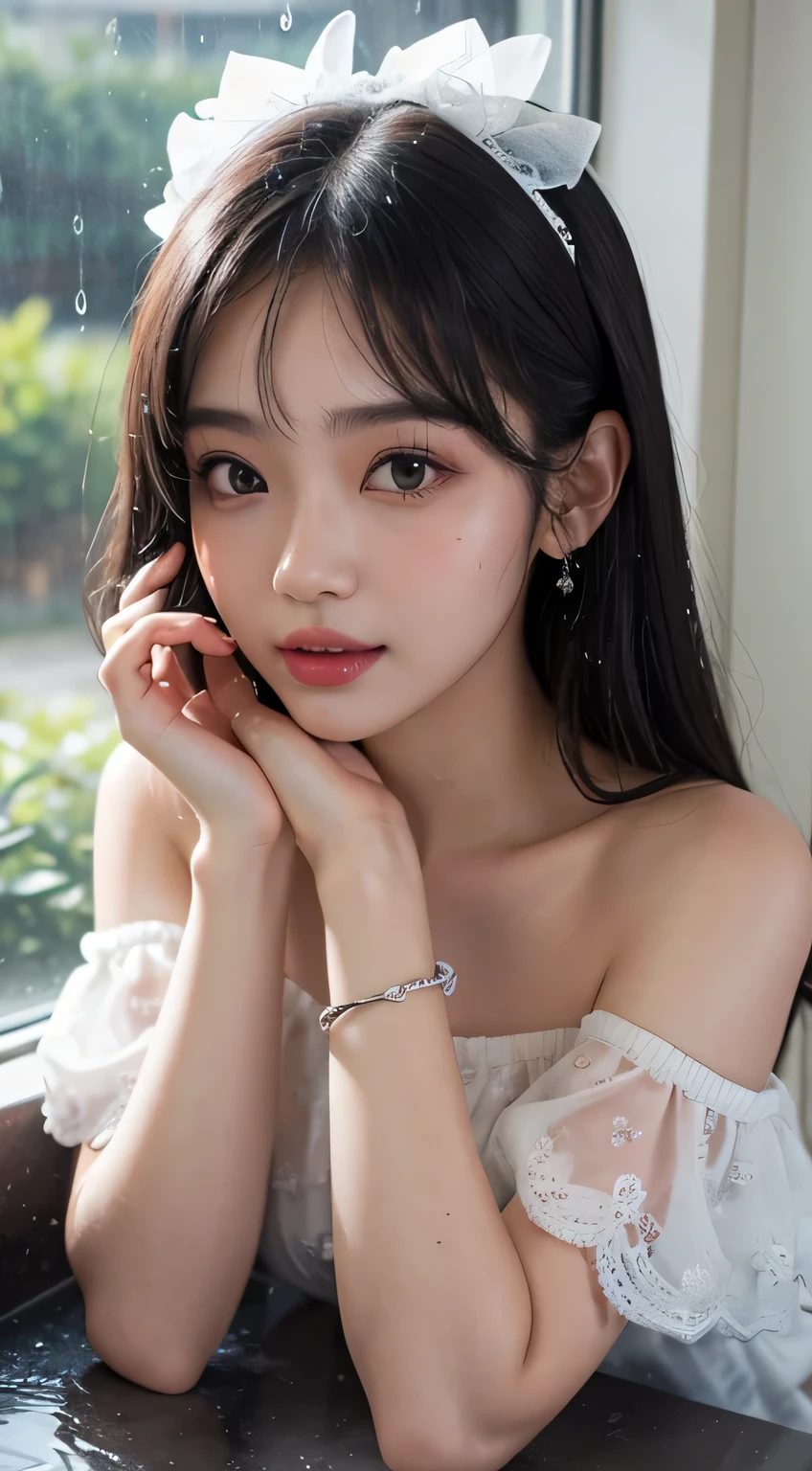 (master masterpiece)，the best quality t，8K分辨率，Real person，Real people，A beautiful girl，Wear a conservative dress，With a necklace，There is a beauty mole under the corner of the left eye ，Perfect body，((Beautiful detailed face))，black color hair（Ponytail）（slanted bangs），exquisite makeup，Red Lip，Oily lips，long eye lashes，With silver earrings，bright big eyes，Eyeshadow，Lying silkworm，cinematic Lighting，cute  girls，master works，highdetailed，The picture is colorful，light and shadow details，Extremely delicate beautiful girl，Supple and fair skin，with exquisite facial features，perfect face，Stunning beauty，extreme detail depiction，Realistic details，（on night、）There is still food on the table sitting in a Chinese restaurant