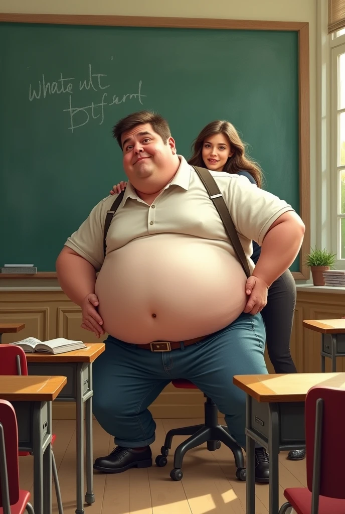 (((2heads))),  full body, obese man,32 years old, schoolteacher, blonde,  brown hair, blonde, thick rimmed glasses, classroom background, armpitsshowing, angry expression, rosy cheeks, pants ripping