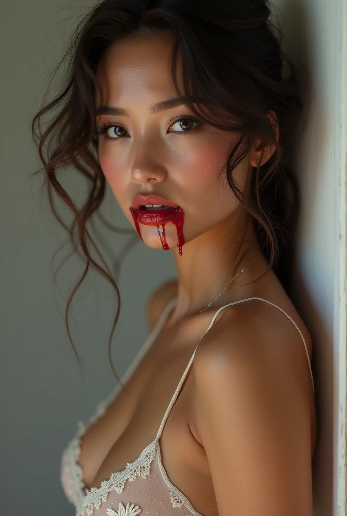 Young and realistic woman with black lips, brown skin, brunette, mahogany hair, black breasts, naked, bleeding, body and mouth, eyes, full length