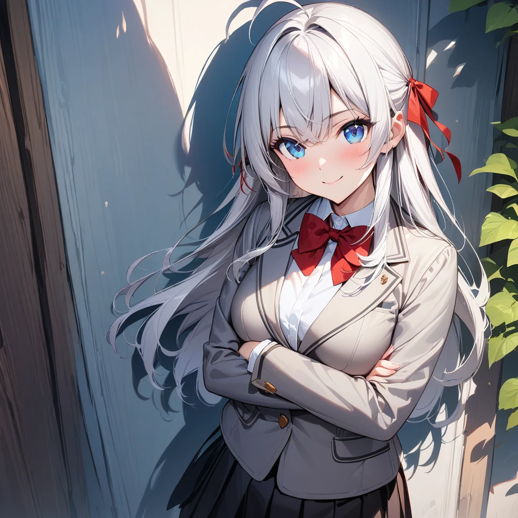 (masterpiece),(best quality),(ultra-detailed),(best illustration),(best shadow),(absurdres),(detailed background),(very aesthetic), alya(roshidere), white hair, long hair, bangs, blue eyes, hair ribbon, ahoge, red ribbon, skirt, shirt, long sleeves, bow, , jacket, white shirt, pleated skirt, collared shirt, bowtie, black skirt, red bow, red bowtie, blazer, grey blazer, long sleeves, upper body view, crossed arms, smile,