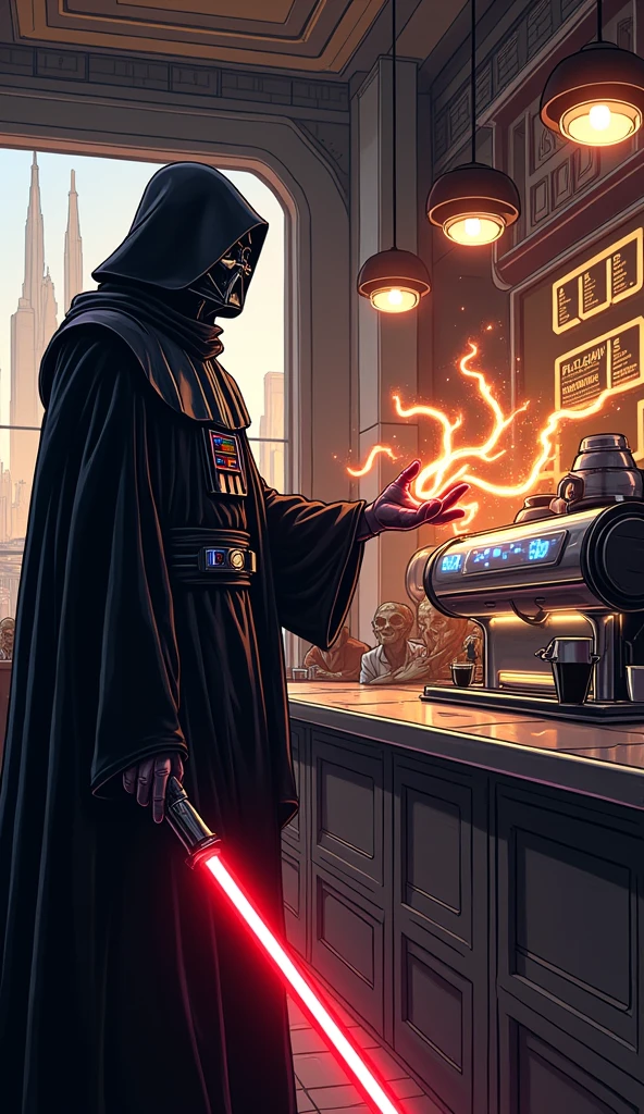 Dark comic style, comic art, a coffee shop in a star wars world, sith lord use the force to get free coffee, detailed coffee shop interior, 