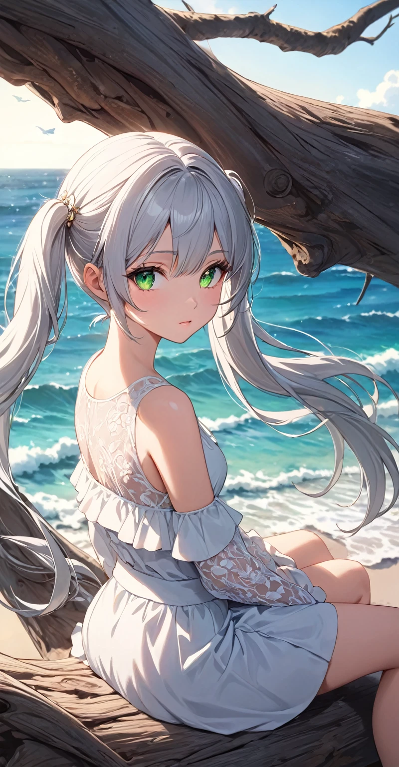 Ultra high resolution, rich colors, perfect image, top quality, detailed image, beautiful woman, glowing skin, skin and clothing texture, delicate eyes, morning, sitting on driftwood, looking at the sea, silver hair twin tails, green eyes