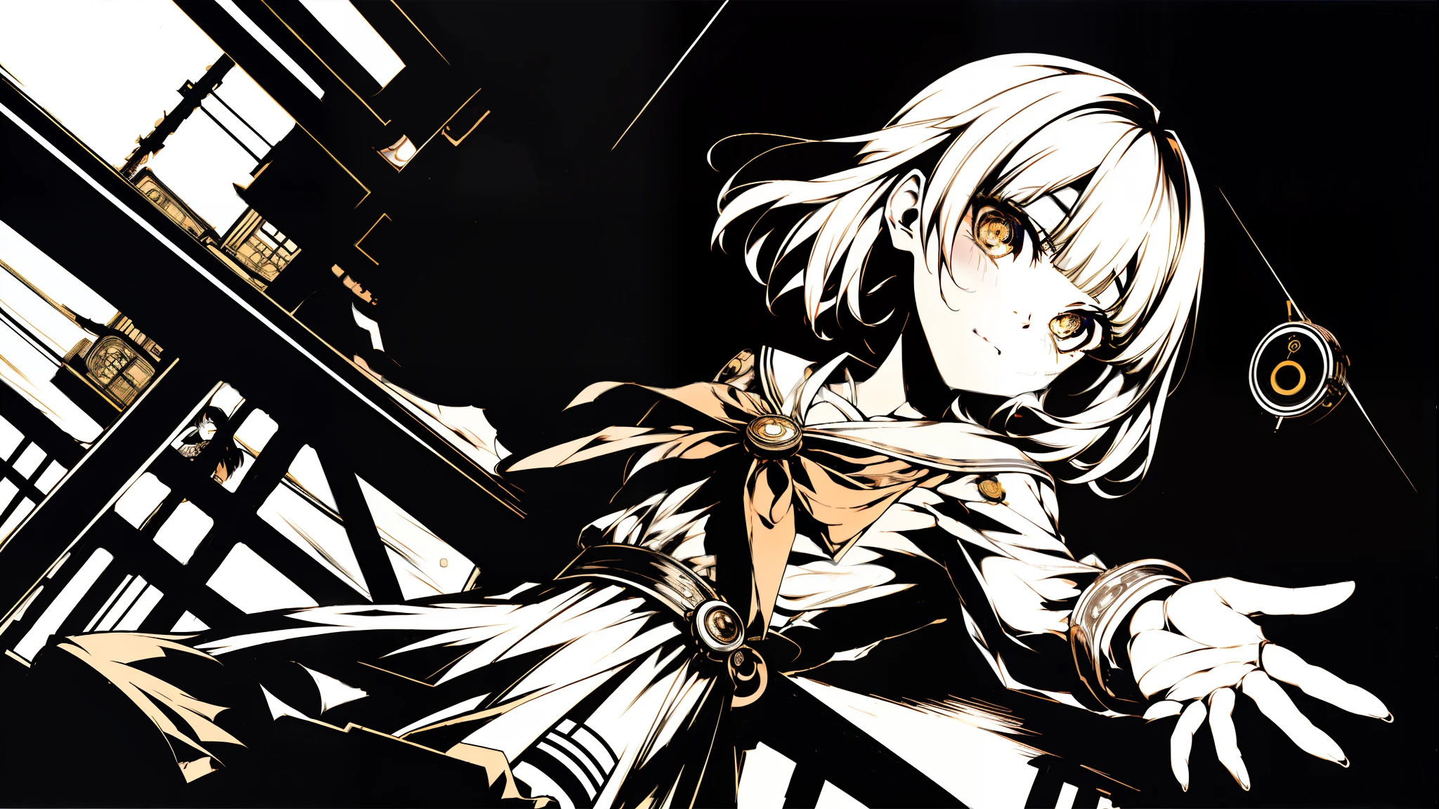 胸に手を当てる、reaching out 、from below、ショートヘア、blunt bangs、輪っかの目、オレンジ色の瞳、v5lcn style,(Best Quality,masutepiece:1.2),(Anime style,Comic Noir Style:1.1),1girl in,cute-style,Adorable,extremely detailed eye,extra detailed face,very detail hair,8K,resolution,High School Girl,Sailor Uniform