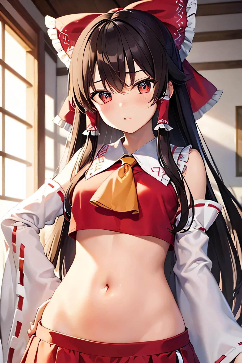 super fine illustration, vibrant colors, masterpiece, sharp focus, best quality, depth of field, cinematic lighting, ultra detailed, blush, annoyed, belly button, navel, hips, shrine maiden, hakurei reimu, 1girl, hair bow, ascot, hair tubes, detached sleeves, looking down, red shirt, red skirt, long hair, dark brown hair, indoors, crop top, hip pose