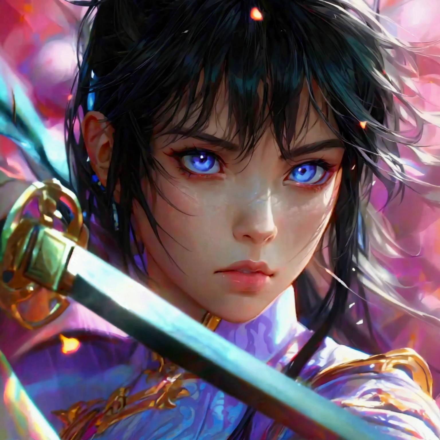 make a female character with black hair and lilac eyes of approximately 1,80m de altura, who trains martial arts, including sword techniques