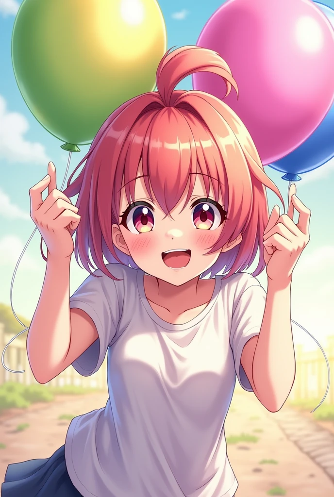 1girl in, Yuigahama Yui, , Short hair, Pink hair, large boob,
(Best Quality, hight resolution, 4K, Detailed Lighting,
(Light blue T-shirt),
Smile, blush, Open mouth,
school background, Balloon background,
at noon,
From below, POV,
Skirt lift,