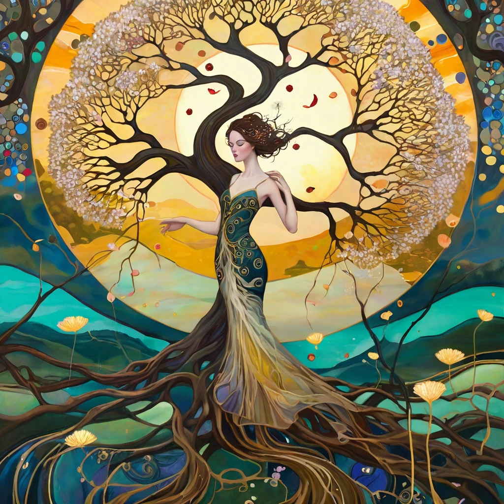 oil and acrylic painting In the style of Meghan Duncanson, Tom Bagshaw, Klimt. yggdrasill tree, large roots like blown glass tubes sinking into the ground, stained glass branches rising to the sky, in the center the body of woman with light brown, windswept hair and a dicon dress patterned with leaves and ink drops . view of a lake with mustard and emerald waters. Dandelion flowers, poppies, swamp flowers, cherry blossoms, peach blossoms bloom. Sun disc-shaped polychrome buds with marbled spirals, sun rays like strands of coral. Warm colors, ochre yellows, browns, cobalt blues .
