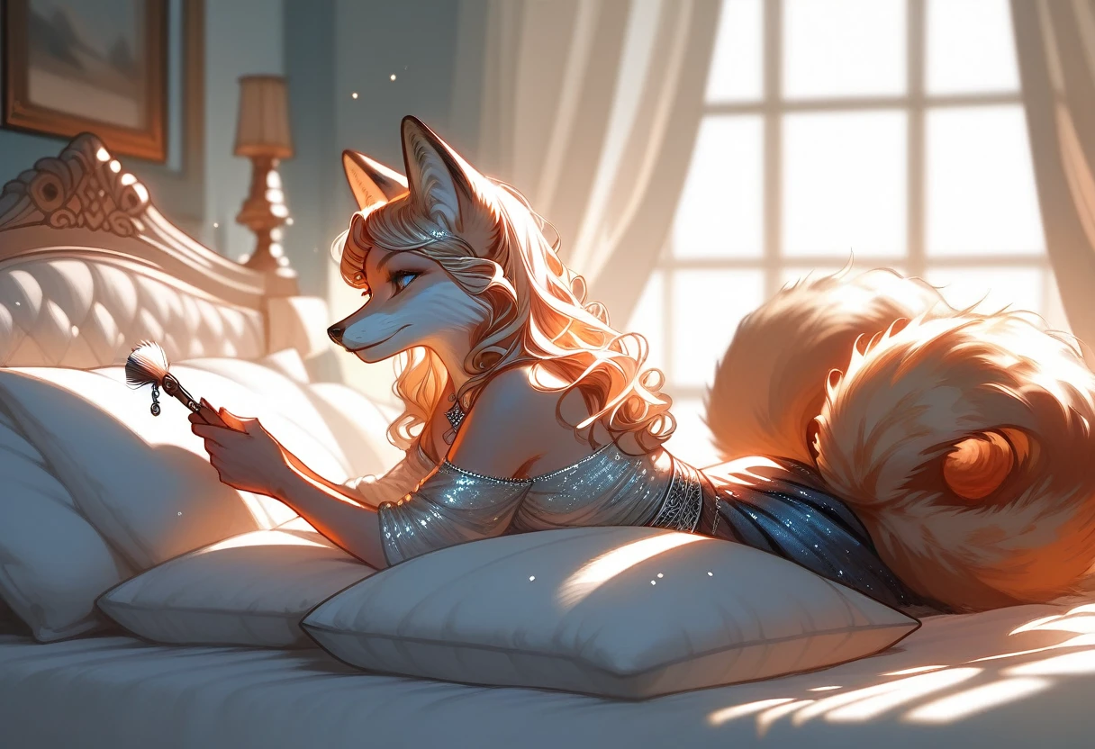 fox tail, fur texture, cozy atmosphere, indoor, soft lighting, warm colors, smooth fur, detailed brush strokes, artistic, illustration, gorgeous, majestic, elegant, mysterious, alluring, romantic, beautiful, highres, perfect artwork, absurdres, rzminjourney, vector-art, curled up, tail curled up, curled up cutely, bed, pillow, in a bedroom, safe for work