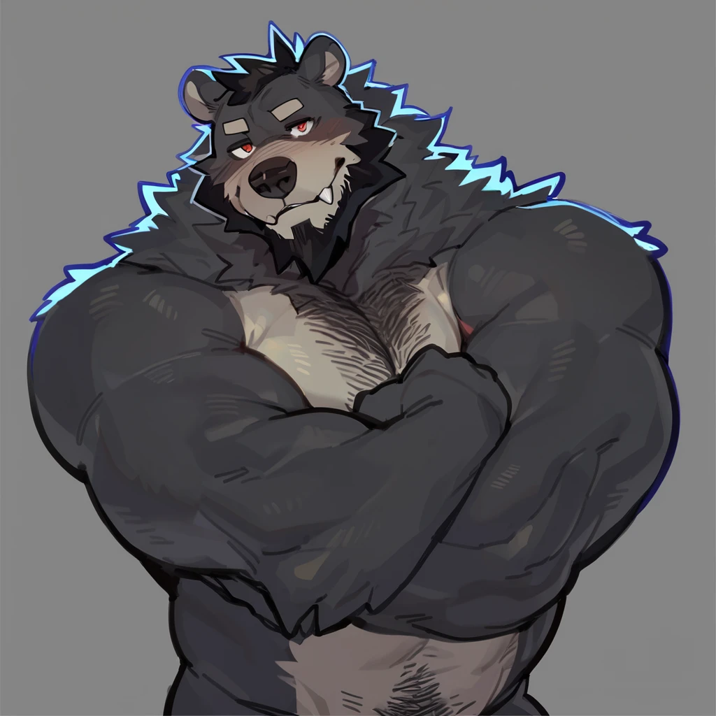 Black furred bara bear, very large pecs, strong physique, very muscular, perfect anatomy, masterpiece, black beard, detailed eyes, strong jaw, giant biceps, shirtless, manly pose, daddy, hairy pectorals, solo, great lighting, nude, by bebebebe, by ZIXiong, by zackary911, by SligarTheTiger, by RED8EAN, monochromatic fur, monochromatic background, abstract background, grey background