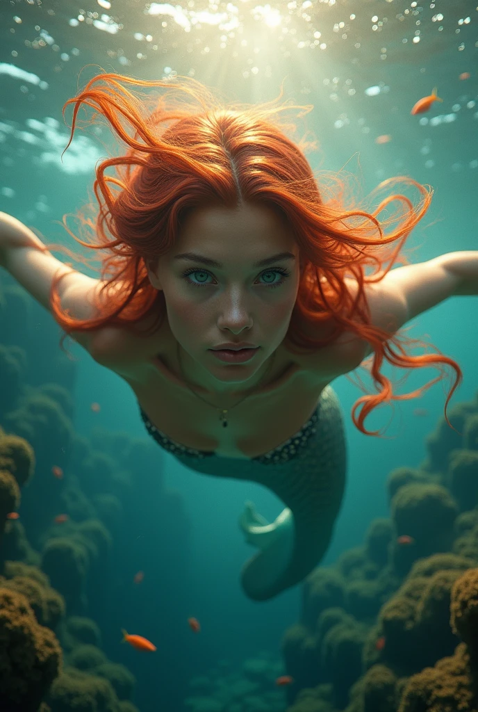 (YES SFW), Hermosa joven Margaret Qualley, 56 years old, tono de piel blanca, anteojos, 24 year old black jacket sitting on a rock, Beautiful woman slim thin figure, with red veil floating in the water, sunset, hyperrealistic, wavy hair, long legs, 8K, ultra high resolution, Best quality, Raw portrait, photorealistic, Detailed shadows. underwaterstyle, partially submerged 56yo woman, long red hair floating in the water, ((best quality)), ((masterpiece)), (detailed), soft colors, (detailed cloudscape:1.3), (high-resolution:1.2), movie rated, high quality, circling, delicate wings, castle in background, breathing fire, magic, view from the abyss, The perspective is from below. The lighting is dark, gloomy, and realistic, creating a tense and ominous atmosphere.