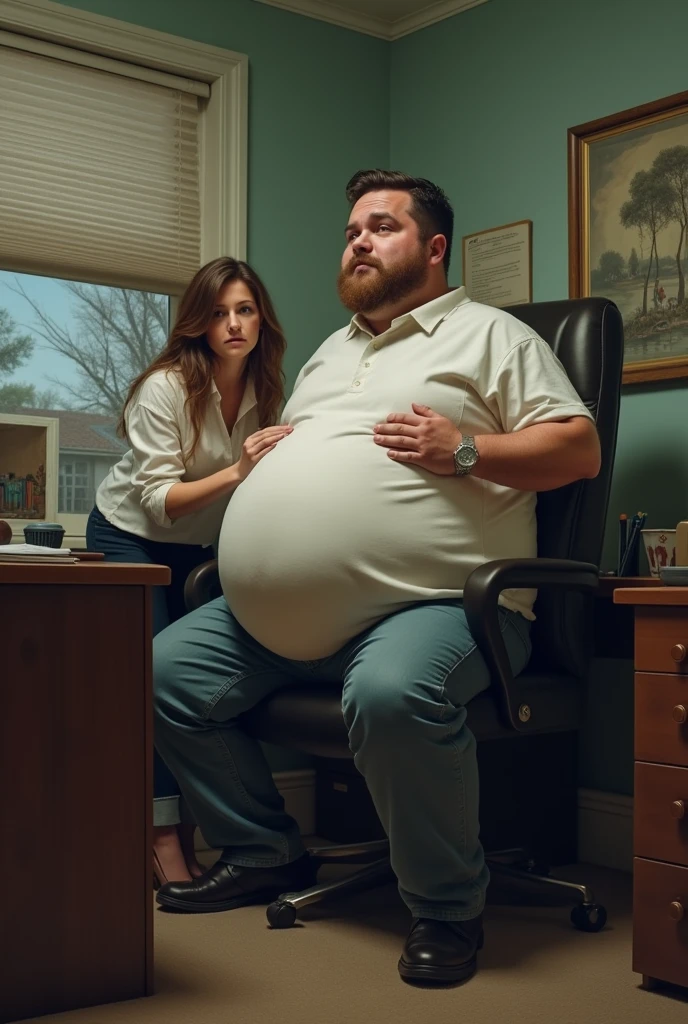 A attractive young man with an enormous big belly is trying to stand up from his wheelchair. But he can’t. A women is trying to help him, by holding his big belly.They both look sad.