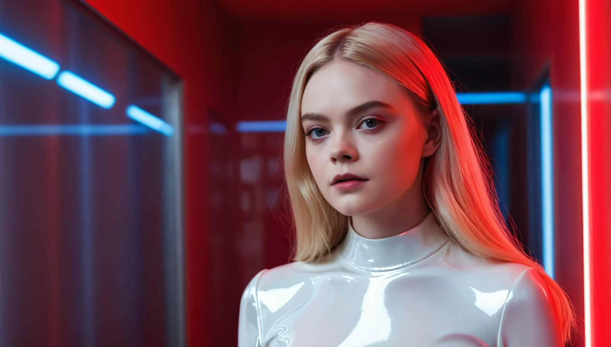 The image is a striking portrait of a actriz "elle fanning" posed in an environment illuminated with bold hues of red and white light. The main subject, a woman dressed in a glossy, red and white tight-fitting outfit, exudes a sense of futuristic fashion and confidence. Her attire is reflective, capturing and enhancing the surrounding light, which adds a vibrant glow and accentuates her form. She gazes away from the camera, her expression serene yet alluring, suggesting a narrative of composure and self-assurance. Her bold makeup and long, flowing hair complement the dramatic and stylized setting, creating a cohesive visual story of modernity and style.