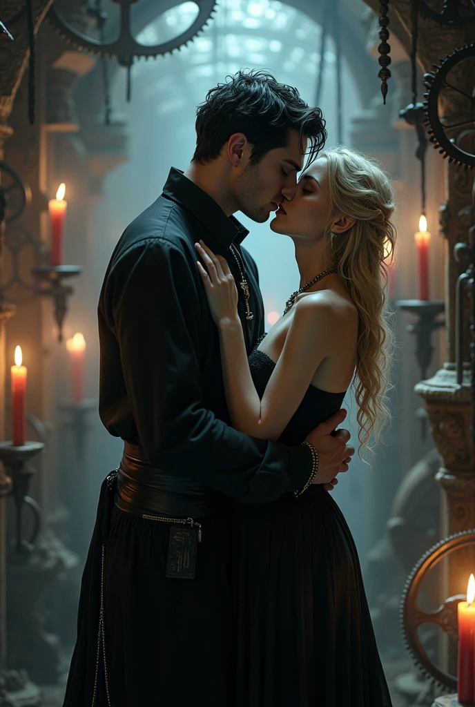 Jack of Shadows at the Sign of The Burning Pestle inn with his arm around the waist of  Evene the beautiful mysterious half naked blonde witch,medieval