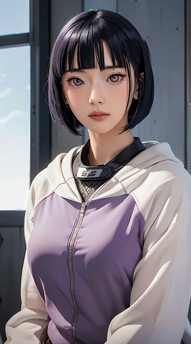 Masterpiece， best quality， Very detailed， illustration，1 girl，
long white hair，dark blue hair，bob cut，purple eyes，smooth, blunt，rift，Big Breasted Shir,（purple unzipped hoodie with fishnet t-shirt inside：1.1），
Medium bust， 
looking at the audience，Hyukja/（Boruto/），detailed lips