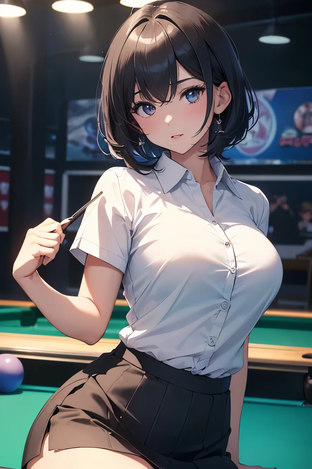 mastute piece,Best Quality,insanely detailed,8k cg,nsfw,
(shoot upper body:1.3),
(1girls:1.3),standing,looking at viewr,body in front,both arms behind back,(billiard-uniform:1.3),(bare breasts:1.4),(bare nipples:1.4),
break,
blush,shy,(ecstasy face),(trembling:1.2),break,(light brown hair:1.2),
break,
perfect breasts,perfect teats,(open mouth:0.9),(large breasts:1.2),
(billiard-hall)、