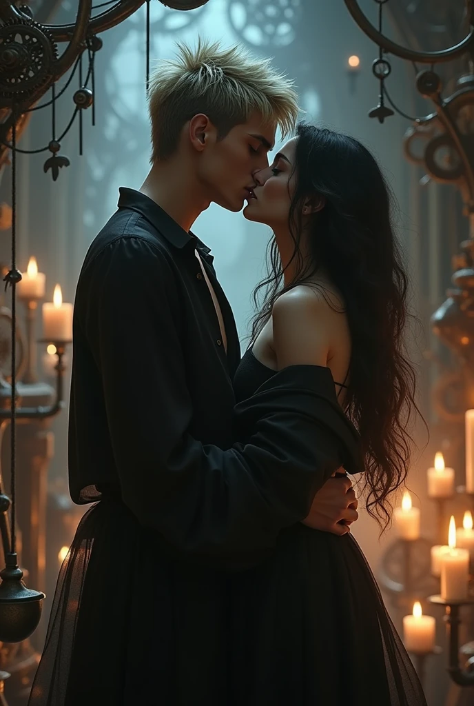 a woman with long black hair, with a red cape, with a long, deep neckline on display and a man dressed in a black cape on top of the woman on the floor of the dark, shadowy forest, in total darkness, him kissing her belly revealing her skin, your legs are showing