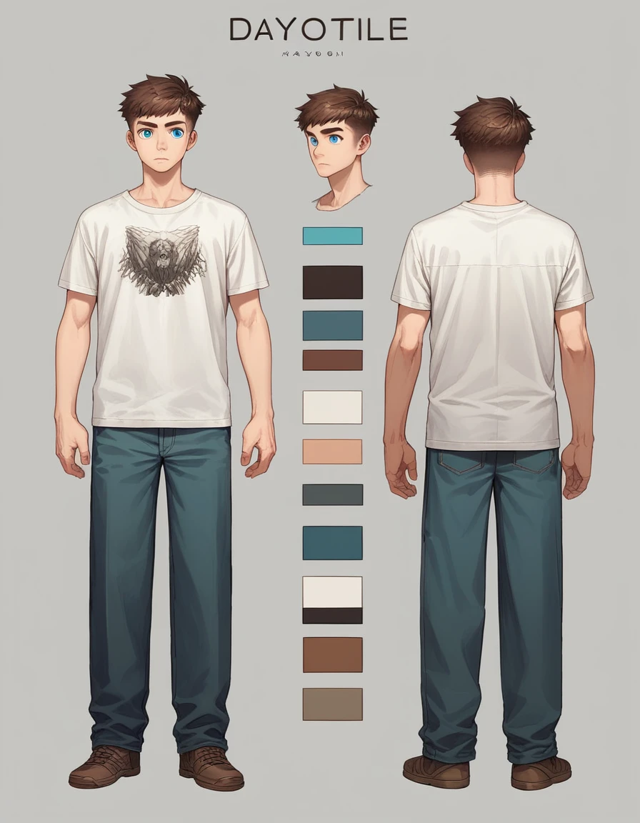 Human Male 23 Years, Brown pixie cut Side Hair Style  , blue pupils , white t-shirt , Pants ,Full body , 3d anime ,character sheet ,Apocalypse outfit 