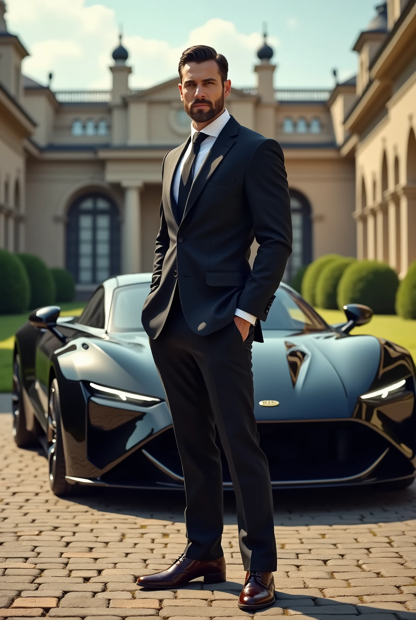 Arafed man in a suit standing in front of a sports car - SeaArt AI