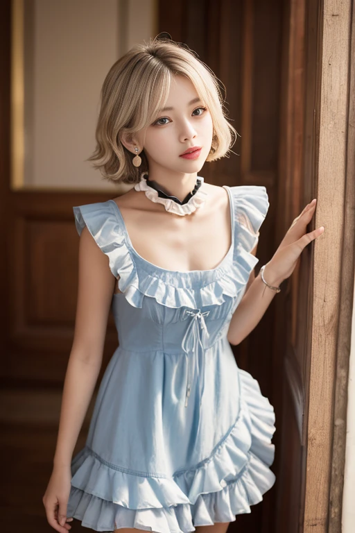 Very beautiful face,Silky blonde short hair,Swing Bang,Cute sexy 16 year old girl、Bright, large, pale blue eyes、A very cute and pure girl