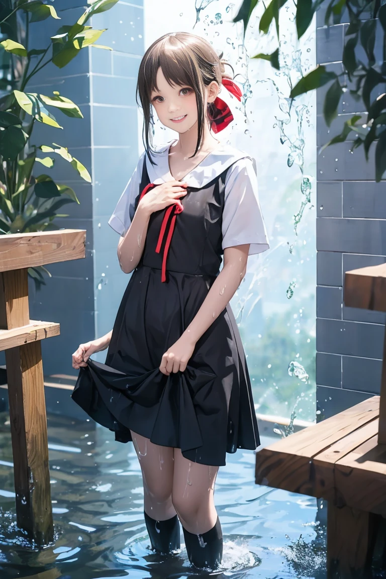 (8k, Highest quality, masterpiece: 1.2), Ultra-high resolution, 1 person, cute, Blonde, Small breasts, Highly detailed face, White blouse, Gothic Clothing, black and white sailor suit, 大量のrain, rain, Ocean, Water Play, soaked, Black underwear, ribbon, Clothes soaked in water, Long skirt(Gothic Skirt), Water droplets all over the body, A childlike smile, The best smile, Date, Lots of water, Submersion, splash, 全身soaked, drenched, soaked up to the chest, 