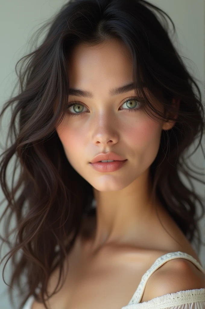 Crea una chica morocha de ojos verdes y con todos los estándares de belleza del cuerpo de una mujer; hermosa nariz y labios que este sonriendo y vistiendo un seductor vestido color piel.