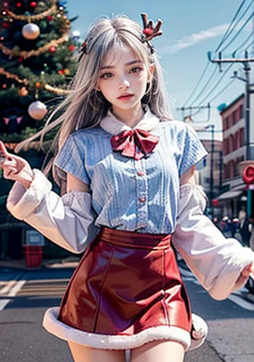 "Beautiful Girl Idol In Santa Claus Costume,Red-Nosed Reindeer,Snowman, Miniskirt,Street Corner,Silver Hair Pink Gradation,Light Blue Eyes,Slender,Waist,Abs,Small Butt,Thin Thighs,Open  Mouth,Sharp Long Fangs,Cute Eye,Sparkling Eye,Distant Eyes,Smile,Makeup,Strong Wind,"