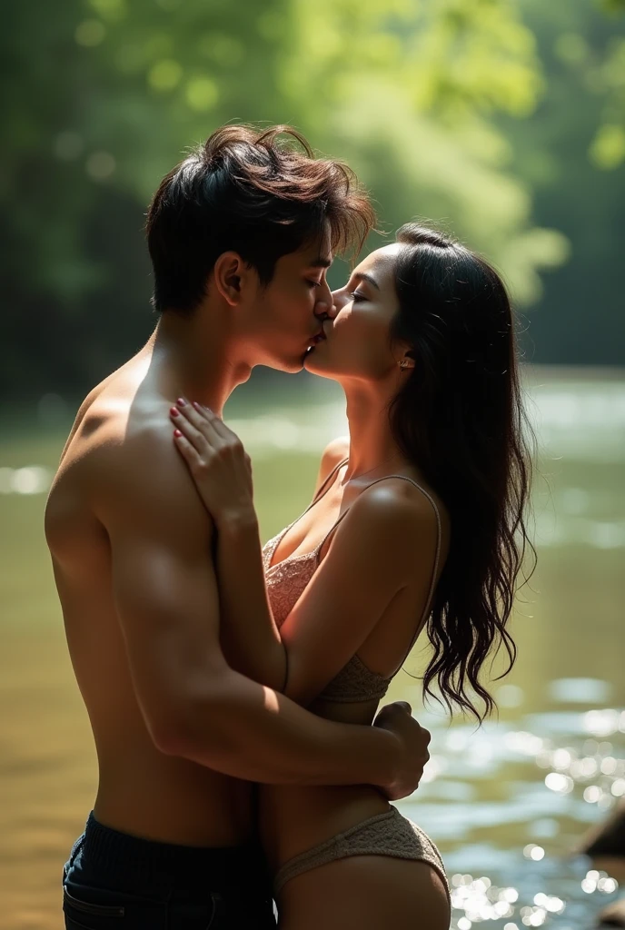 A tall blonde man kissing Megan Fox in a lake