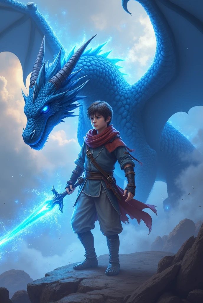 1 boy, teenager, short white hair and blue eyes solo, boy, clothes in orange and blue colors, anatomically perfect body, fairy tail anime style art, epic fight scene, with blue flames, background of a battle with a flying blue dragon