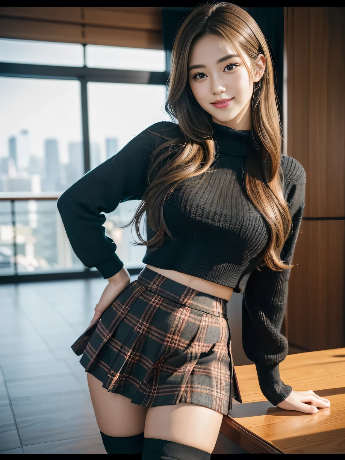 masterpiece, best quality, ultra-detailed, intricately detailed hyperdetailed, realistic, sharp features, highly detailed, sharp focus, Realistic, Photorealistic:1.3, (1:1.3), perfect face, perfect symmetrically eyes, perfect full lips, hyper detailed, hyper realistic, high resolution, Fashion Model, Japanese Idol, Slender, Stylish, model poses, Beautiful Face, light brown hair, Beautiful hairstyle, (seductive smile:1.2), (looking at viewer), cinematic lighting, blurred background, (Black knit:1.2), ((mini plaid skirt, black high socks)), (Shibuya),
