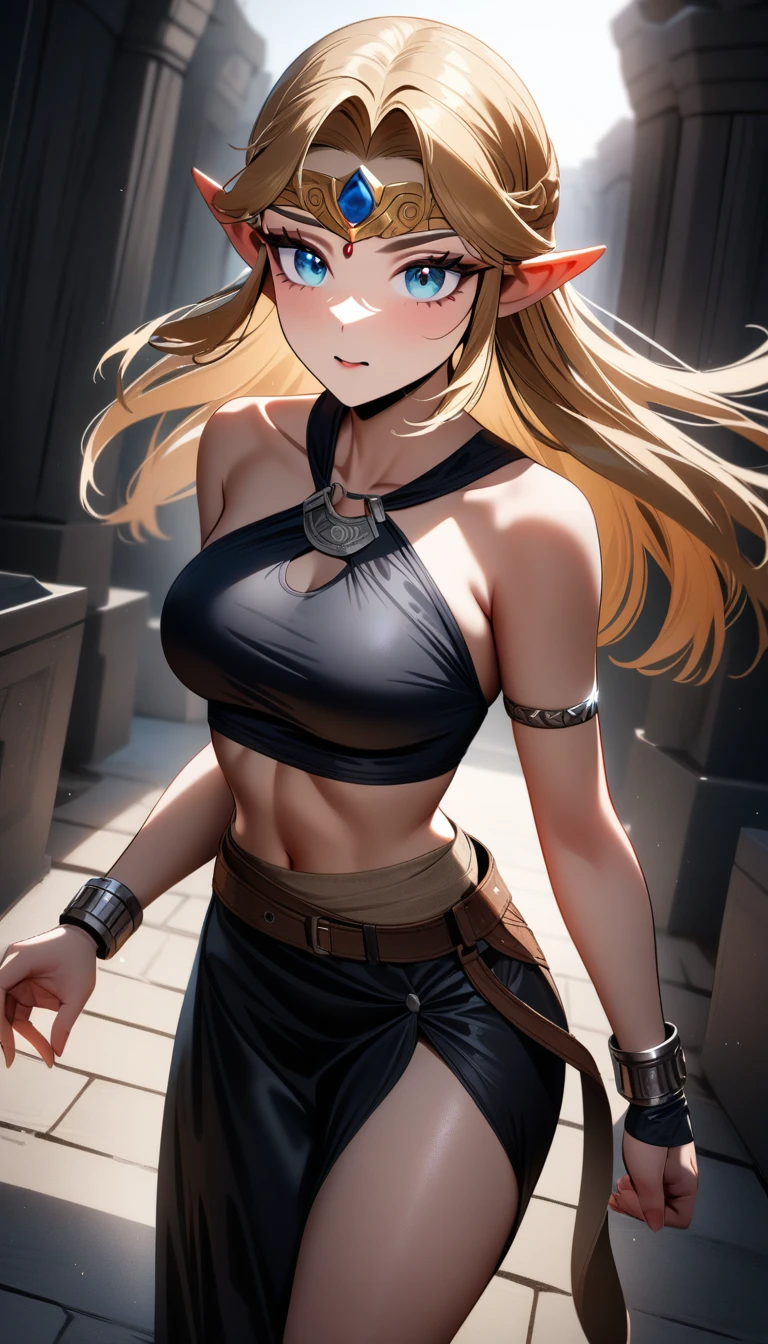 High resolution, Very detailed, perfect lighting, beautiful detailed eyes, ((masterpiece,Best Quality)), absurdities, alone, princess zelda, by the width, crown braid, Hair clip, pointy ears, Gloves without fingers, black gloves, smile, curves, nod, , deep neckline, deep neckline, short skirt, visible underwear, pink thong, touching her breasts in a sexy way, close up, disfraz de mucama sexy, disfraz de sirvienta sexy color negro, cabello color negro, vista desde atrás, trasero grande