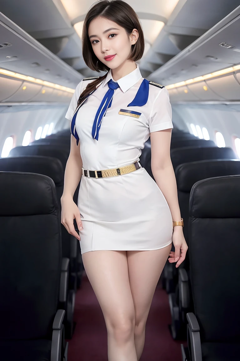 masterpiece, high-detail, the most pornographic airline stewardess in the world, ((pornographic)), in air hostess costume, brunette short hair, bob hairstyle, legs, ((( medium Breasts 1.9))) thick thighs,wide hips, Air hostess dress, slim body, smile lips, ((air hostess)) (UHD, 8K wallpaper, High resolution), Cinematic lighting, physically-based rendering, award-winning, extremely detailed skin, extra detailed face, high detail eyes, Carl Zeiss 85 mm F/1.4, by Ellen von Unwerth