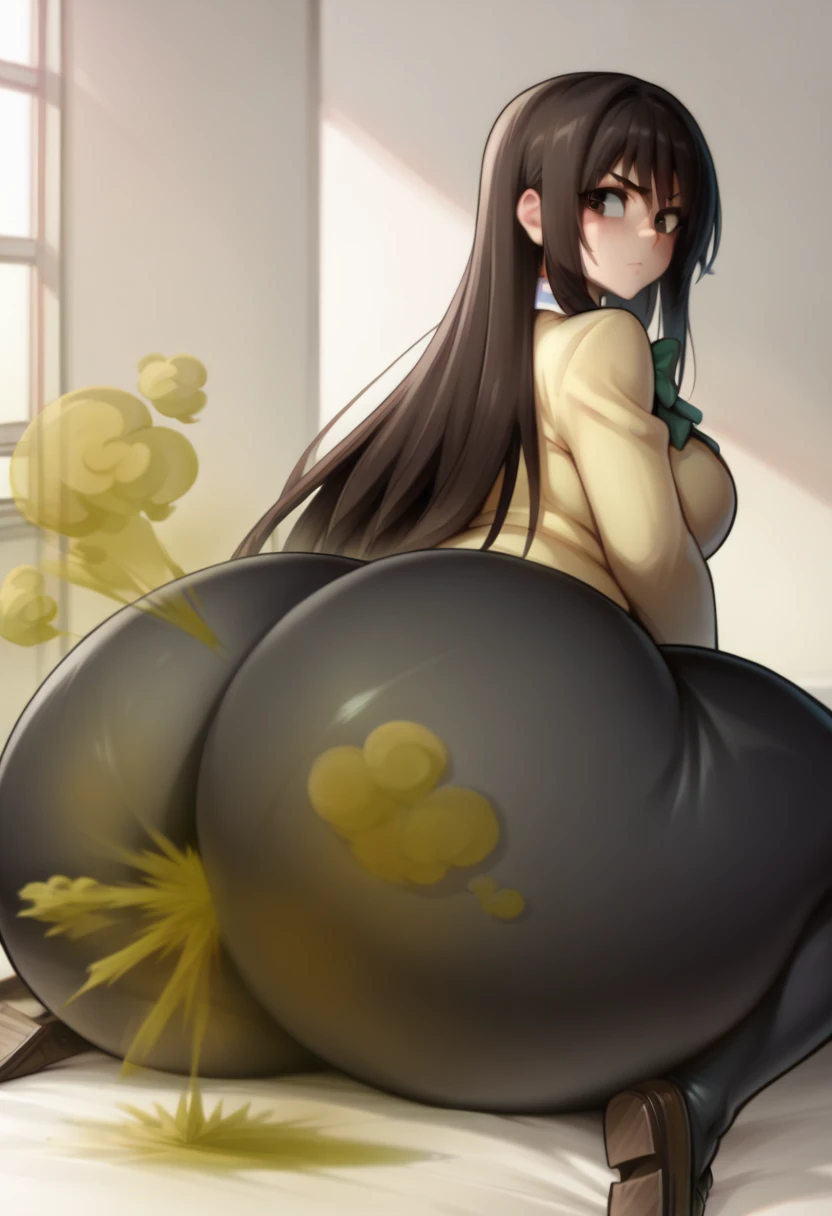 Lori, long hair, Black hair, blue eyes, (((Dark blue short skirted ninja costume))), blue white panties, (((horizontal striped panties))), massive ass, Turn around and look back, embarrassed, blush, fart, onara, fart, farting, big fart, Fart from the ass, Farting non-stop, Skirt lifted because of farting, Yellow smoke, Yellow smoke is rising, Japanese style bedroom