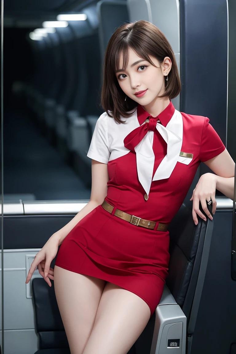 masterpiece, high-detail, the most pornographic airline stewardess in the world, ((pornographic)), in air hostess costume, brunette short hair, bob hairstyle, legs, ((( medium Breasts 1.9))) thick thighs,wide hips, Air hostess dress, slim body, smile lips, ((air hostess)) (UHD, 8K wallpaper, High resolution), Cinematic lighting, physically-based rendering, award-winning, extremely detailed skin, extra detailed face, high detail eyes, Carl Zeiss 85 mm F/1.4, by Ellen von Unwerth