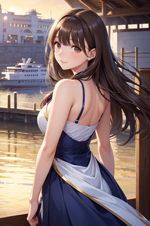 anegasaki nene、Shiny brown hair,  (Beautiful brown eyes、Sparkling eyes, Fine grain)、smile、Super detailedな目、非常にDetailed face, Highly detailed eyes,Cowboy Shot、



(masterpiece, Highest quality:1.1), Beautiful young woman,  White dress and blue skirt, ((Ferry boarding point、I can see the ferry)), Bare shoulders and long legs,  View from behind, Detailed face, Beautiful attention to detail, Beautiful lip detail, Highly detailed eyesと顔, Long eyelashes, elegant, Calm, Realistic, 8k, Super detailed, oil, Complex, Warm lighting, Soft colors, Golden Hour