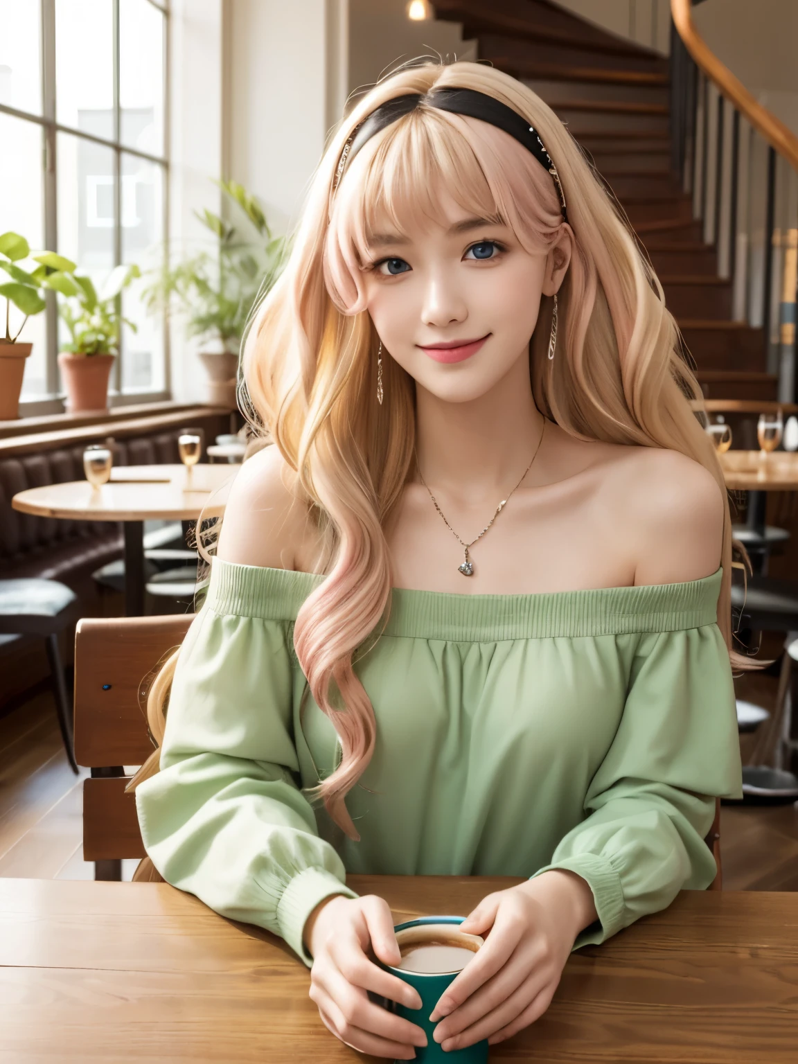natural skin,(close-up:1.0) photo of as (young:1.0) woman, (oiled skin:1.0), (tilted angle shot:1.0), (8k uhd:1.0), (best quality:1.0), (masterpiece:1.0), (sharp focus:1.0), Realistic photos,
BREAK ars old, sherly nome, multicolored hair, ((gradient hair, pink hair, blonde hair, (long hair:1.5), (wavy hair:1.3))), large breasts, blue eyes, mature woman
BREAK smile, upper body, (light green dress shirt:1.3), (off shoulder:1.3), Stage Background, Green Hair Band, wood ring on arm, necklace,
BREAK ((The interior of the cafe with soft light shining in)), (There are many antique tables and chairs), ((Clock, houseplants, stairs, hanging L lights, (cafe supplies:1.2), shelves with coffee beans)).((reflect))
BREAK , close up, ((head rest)), sitting, drinking coffee, antique coffee cup, (smile broadly:1.3)
BREAK Morning Light in the cafe,