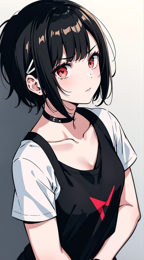 Black hair, short bob, red mesh hair, red eyes, black choker, tank top, sweating