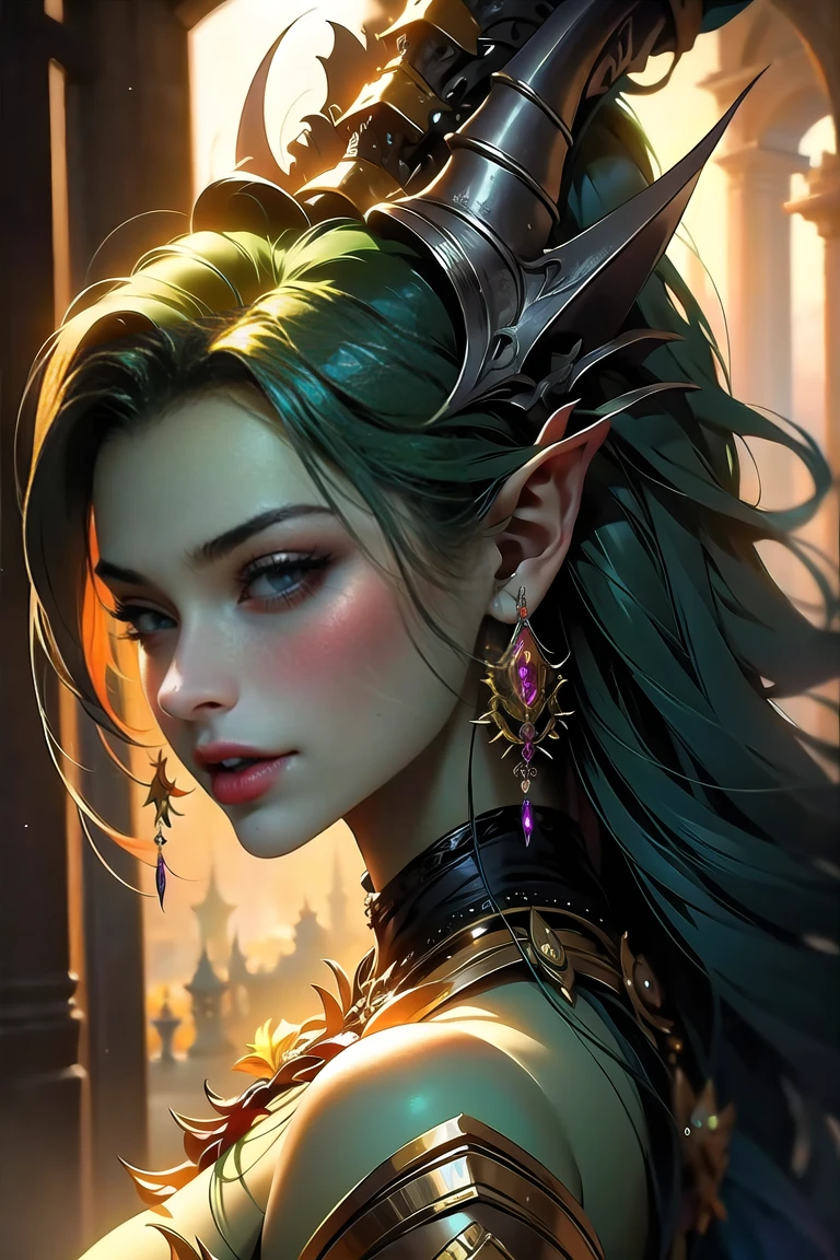 masterpiece, mythp0rt, closeup side portrait of a stunning oriental orcish woman, green skin, fangs showing on the lower jaw, powerful build, iridescent detailed eyes, hair ornament, earrings, tribal necklaces, photorealistic, highest detail
