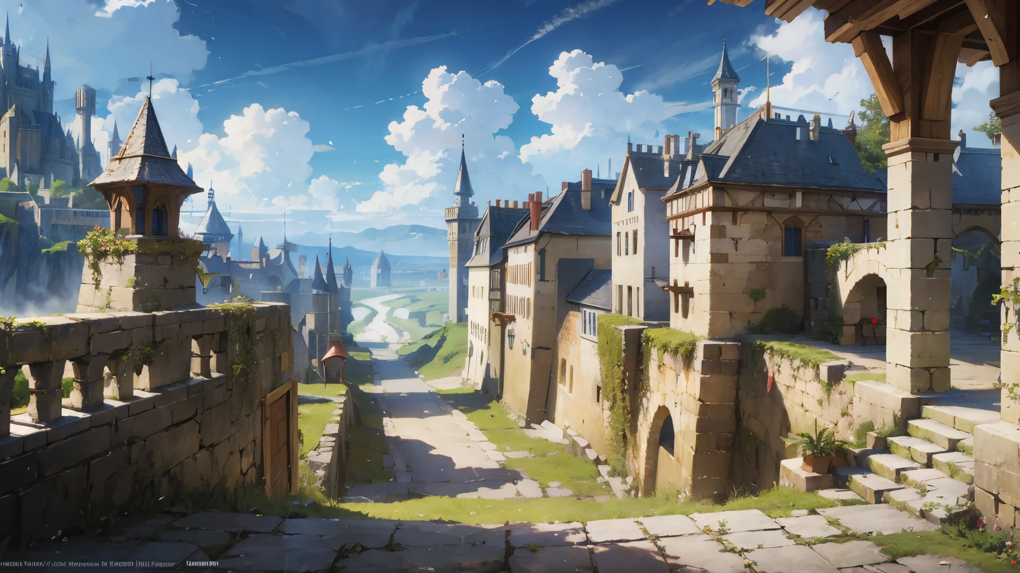 A close up of a castle with a stone walkway and a gate - SeaArt AI