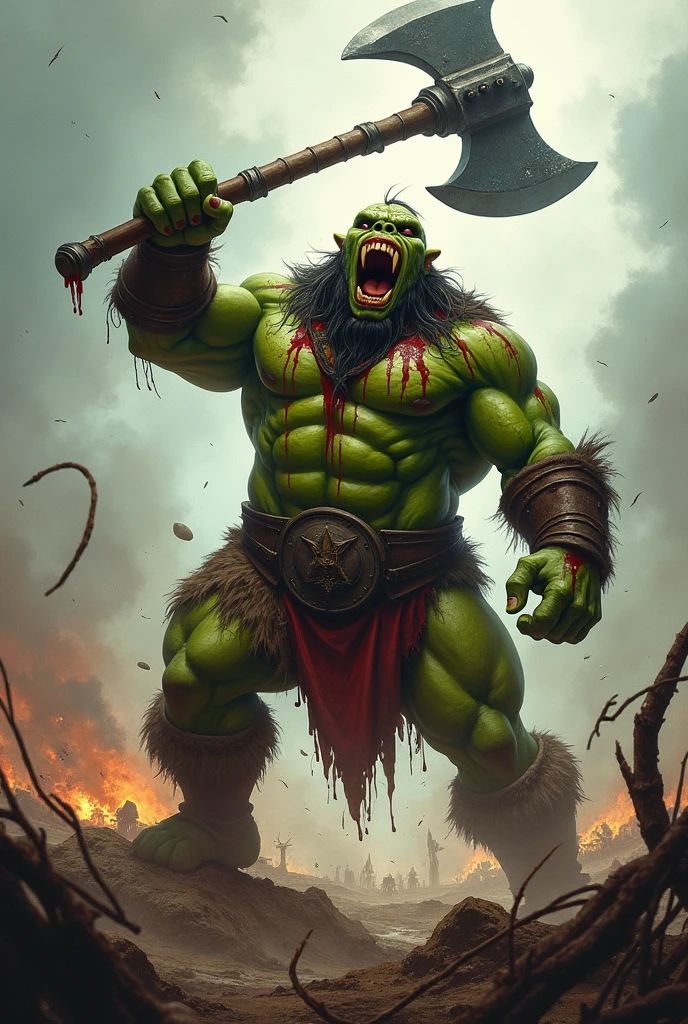 Shrek dressed in green and black checkered tunic, long black hair with red, a katana in hand, in attack position with fire
